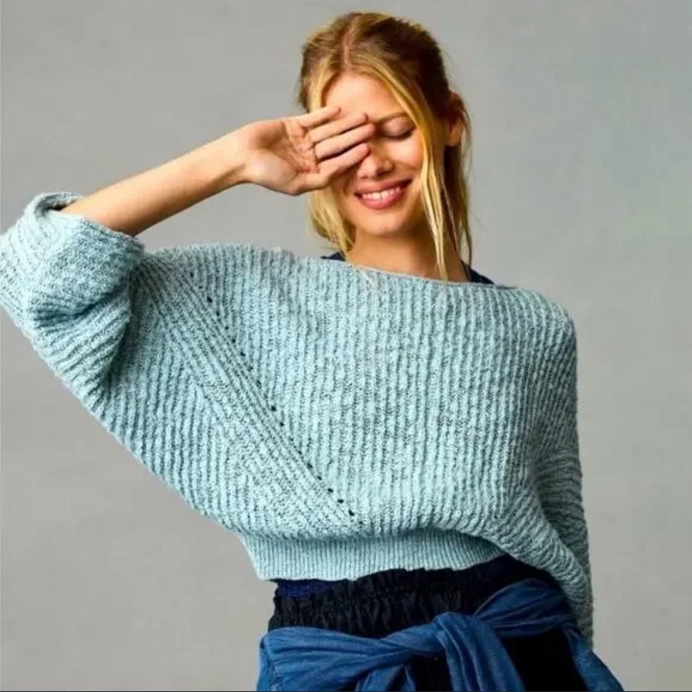 NWT By Anthropologie Crewneck Batwing Knit Dolman Sweater Light Blue Size M